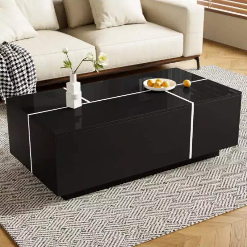 Modern Center Coffee Table with High-Gloss Finish, Extendable Coffee Table with 2 Storage Spaces and 2 Drawers for Living Room - Panipeachy