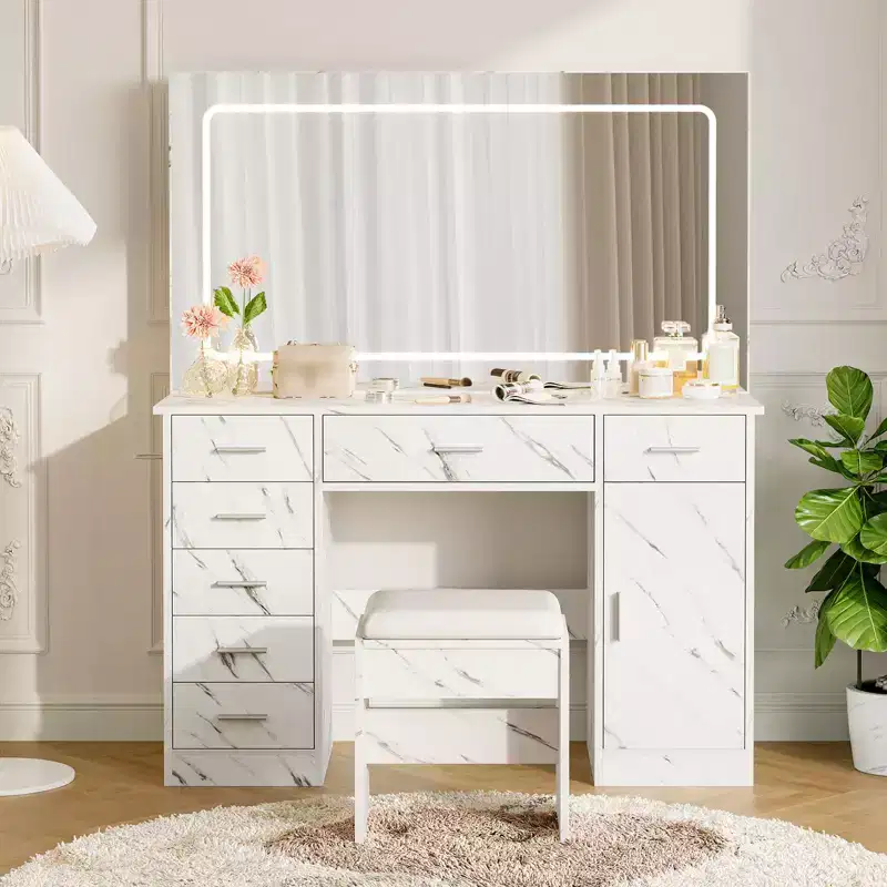 Makeup Vanity Desk with Mirror and Lights, 47W Dressing Table with 7 Drawers & Power Outlet, Vanity Desk Set with Stool for Bedroom, Marble White