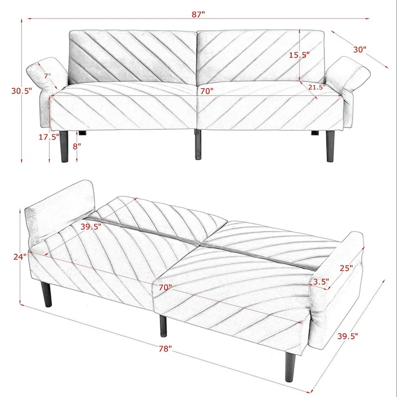 87 Velvet Convertible Folding Sofa Bed with Adjustable Armrests
