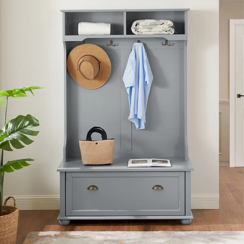 Coastal Style Hall Tree Entryway Bench with Shelves and Shoe Cabinets
