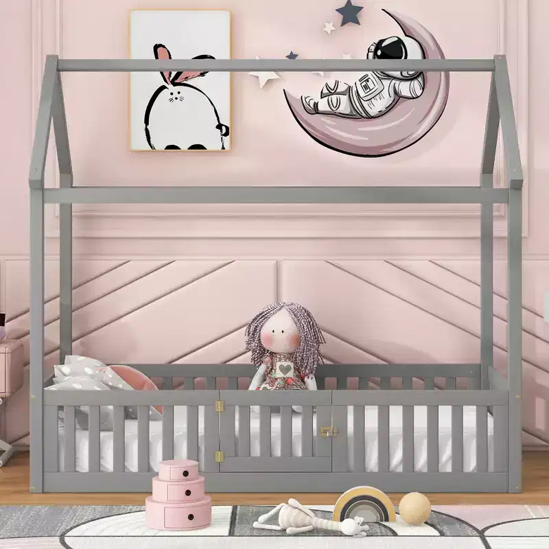 Twin/Full Size Wood House Bed with Fence and Door 4N - ModernLuxe