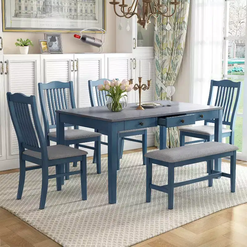 Whisen Mid-Century 6-Piece Wood Dining Table Set with 4 Upholstered Chairs and Bench