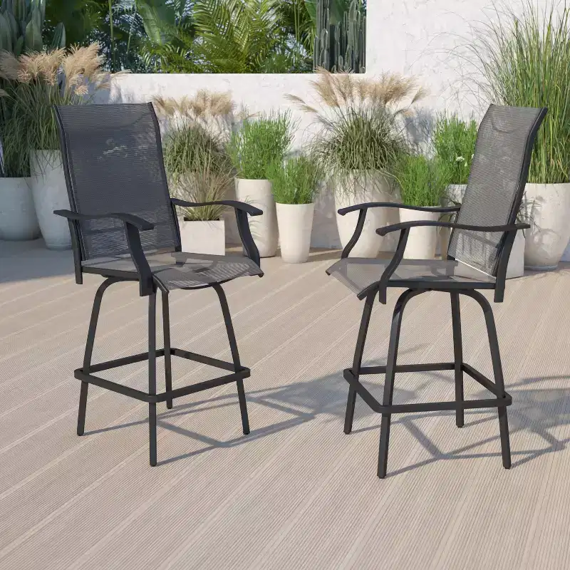 Flash Furniture Valerie Patio Bar Height Stools Set of 2, All-Weather Textilene Swivel Patio Stools and Deck Chairs with High Back & Armrests