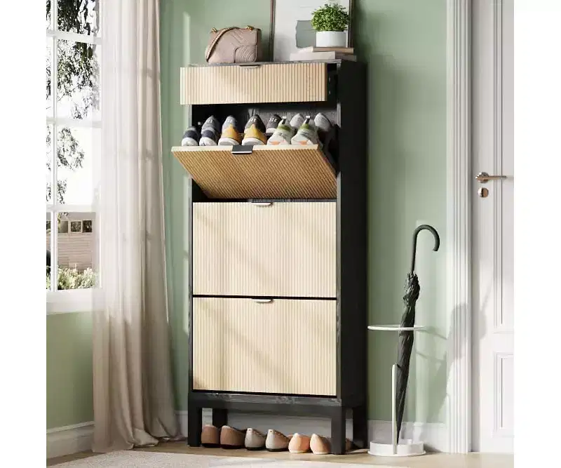 Wooden Shoe Storage Cabinet with 3 Flip Drawers, Farmhouse Fluted Shoe Rack with Iron Legs for Entryway, Sturdy Narrow Shoe Rack with Metal Legs