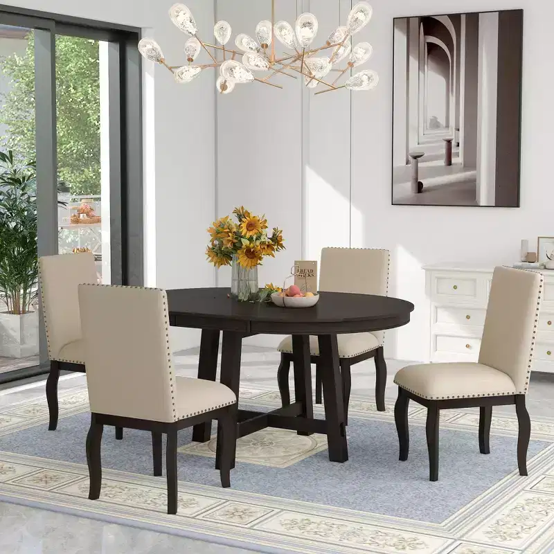 Whisen 5-Piece Farmhouse Dining Table Set with Extendable Dining Table and 4 Upholstered Dining Chairs