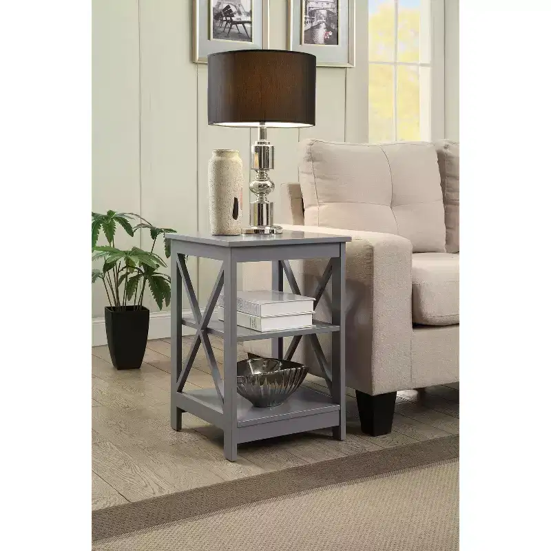 HomeStock Belmont End Table with Three Shelves and X Frame Sides, Contemporary Accent Side Table with Spacious Open Storage for Home Organization