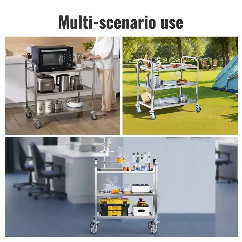 VIYET 18''H 3-Layer Stainless Steel Utility/Medical Cart, Lockable Universal Wheels, for Lab/Clinic/Kitchen/Salon