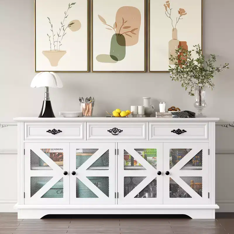 63 Coffee Bar Buffet Cabinet with 4 Mesh Barn Doors & 3 Drawers, Built-in Charging Station & 4 Adjustable Shelves, Storage Cabinet for Living Room