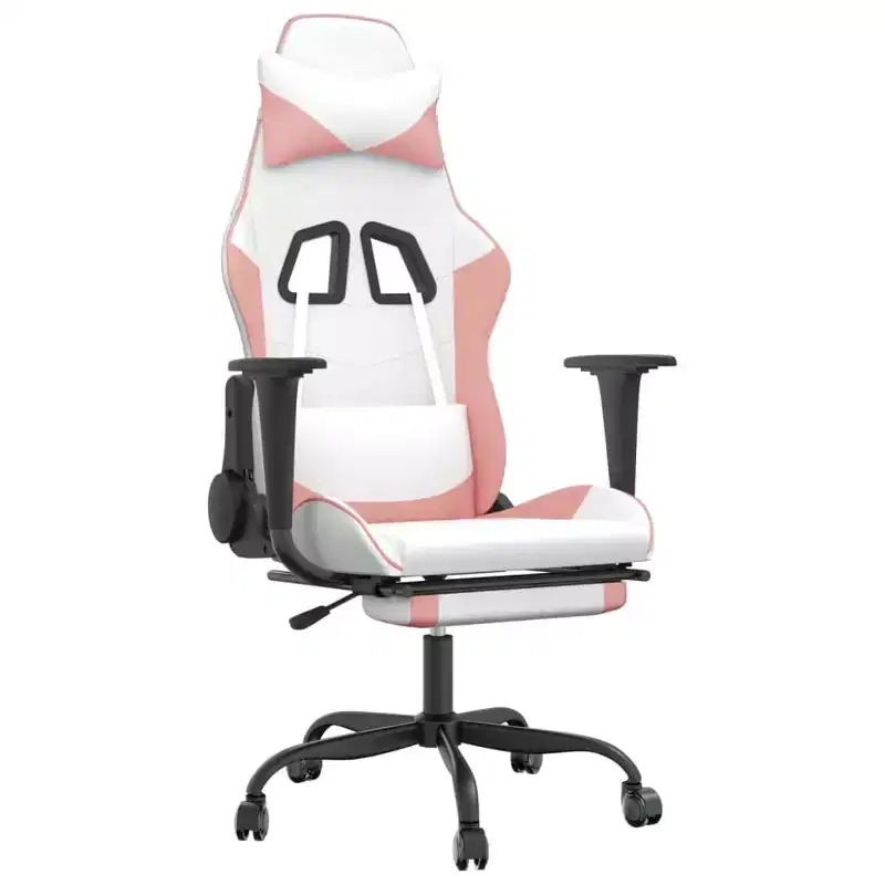 vidaXL Massage Gaming Chair with Adjustable Seat and Backrest, Features Built-in Massage Function - Filled with Foam, Covered in White & Pink