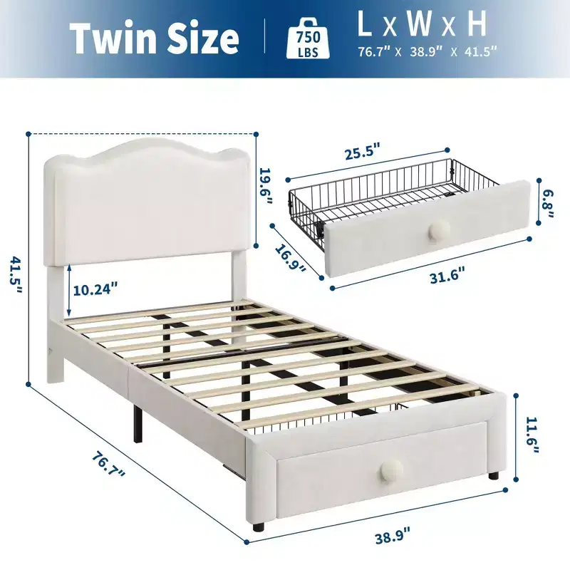 Twin Size Platform Bed Frame with Storage Drawer, Upholstered Scallop Headboard for Kids