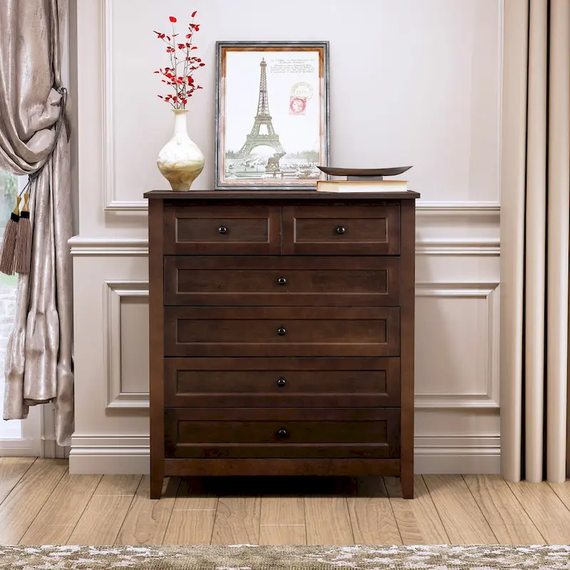 Solid Wood Spray-Painted Drawer Dresser Cabinet with Retro Round Handle, Auburn
