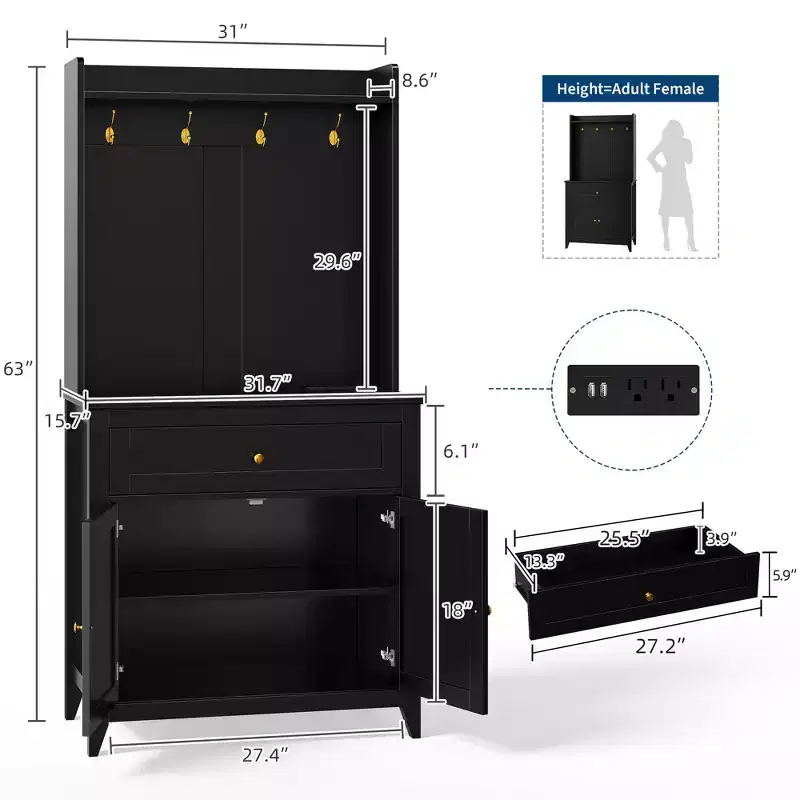 63'' Sideboard Buffet Cabinet, 4 Hooks Cabinet with Drawer & Adjustable Shelves, Kitchen Storage for Kitchen, Living Room & Dining Room