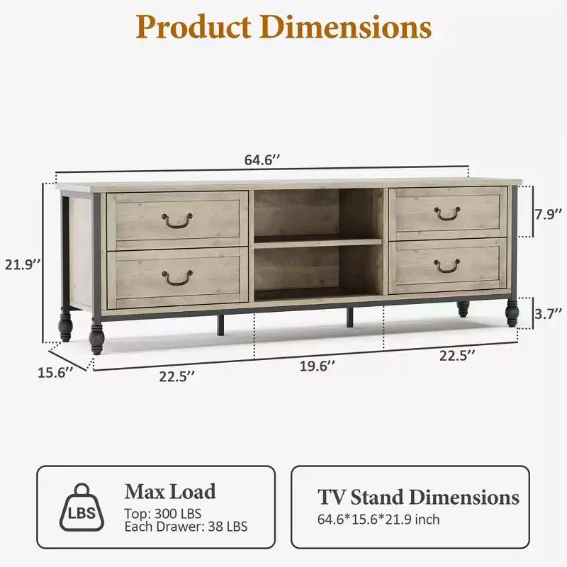 GustoWave Vintage TV Stand for up to 75 Inch TV, Entertainment Center with Metal Roman Columns & 4 Drawers, Rustic Grey