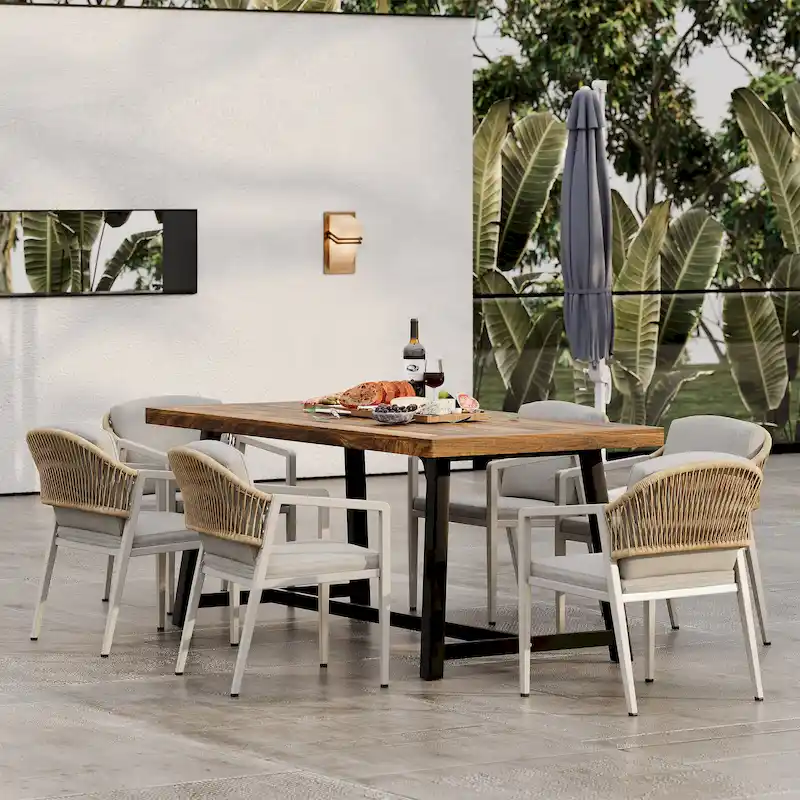 Heres Farmhouse Outdoor 7 Pieces Dining Sets with Rattan Backrest by Christopher Knight Home - N/A