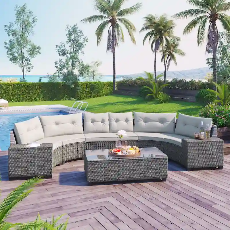 8-Pieces All Weather Wicker Half-Moon Sectional Sets with Rectangular Coffee Table