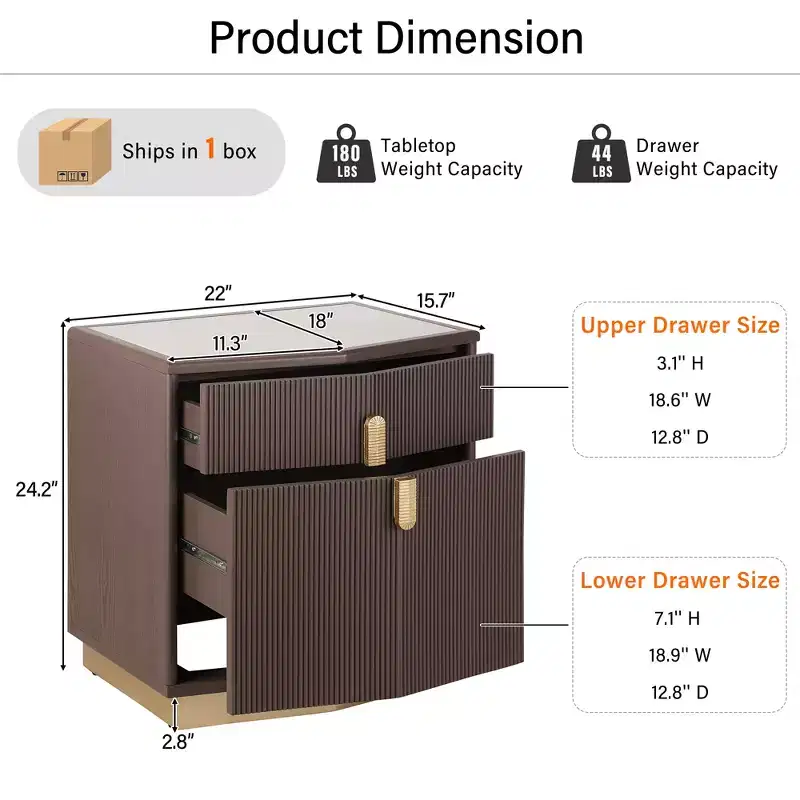 Modern Bulging Designed Storage Nightstand with 2 Drawers (Set of 2)