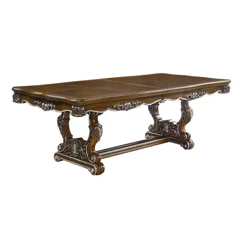 114" Latisha Dining Table Antique Oak Finish - Acme Furniture: Silver Trim, Floral Leg Detail, Resin Base