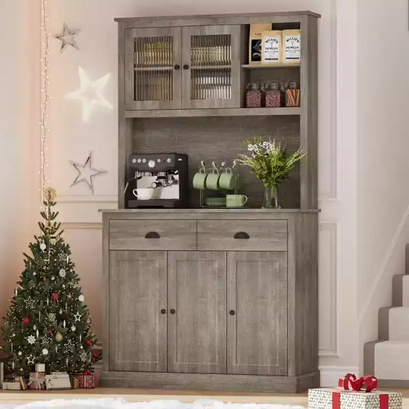 TROPOW Farmhouse Kitchen Pantry with Drawers & Adjustable Shelves, 71 Inch Tall Freestanding Pantry Storage Cabinet, Coffee Bar Hutch Cabinet
