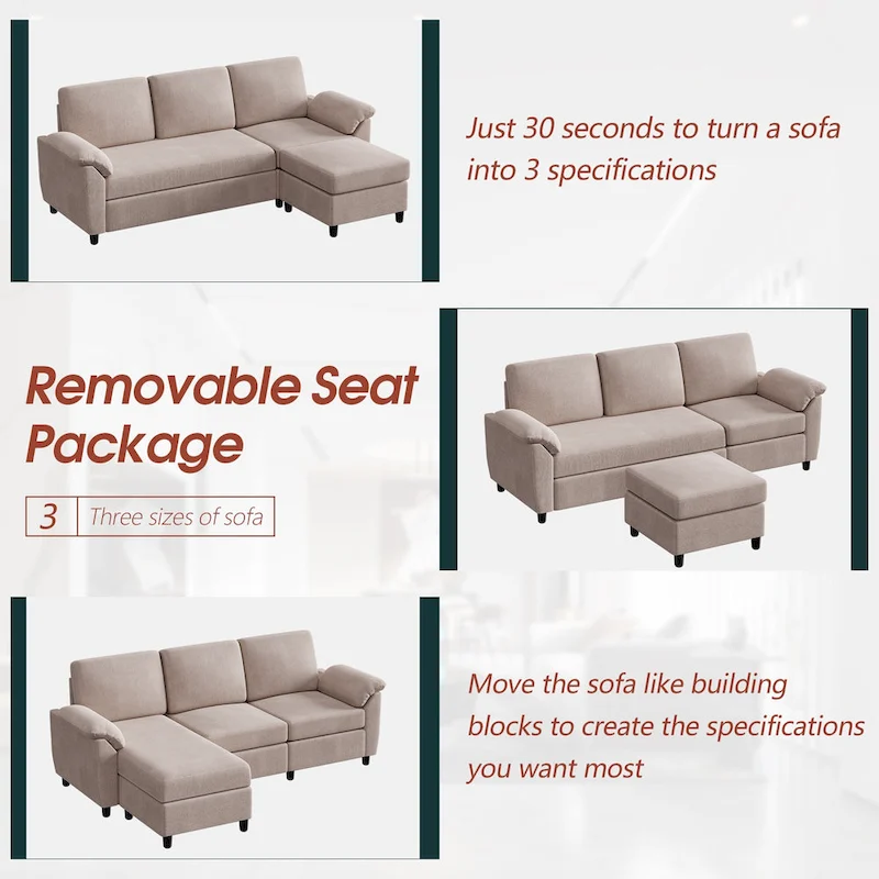 Futzca Sectional Sofa Couch, 3 Seat L Shaped Sofa with Removable Pillows