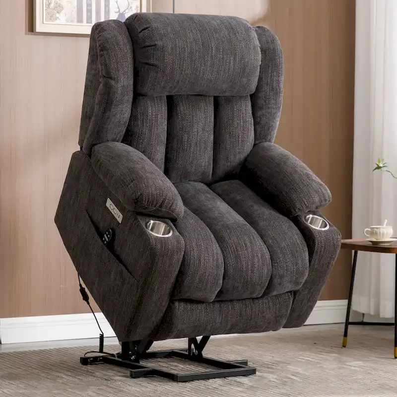 Grey Chenille Power Lift Recliner with Massage, Heating, USB, Cup Holders
