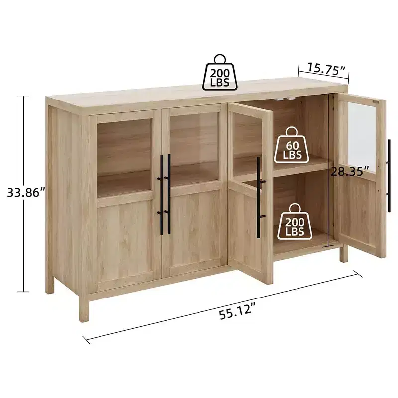 55 Modern Sideboard Buffet Cabinet with 4 Glass Doors snd Storage,for Kitchen Dining Room, Living Room (Glass with 4 Door, Pear Wood)