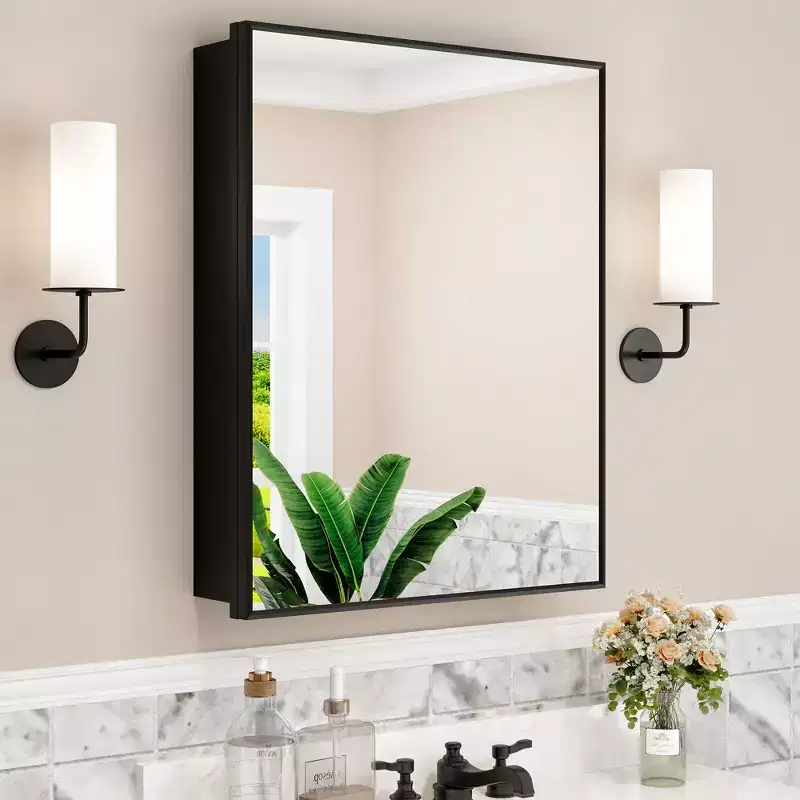 Elise Medicine Cabinet with Mirror, Surface or Recessed Bathroom Medicine Cabinet, Adjustable Tempered Glass Shelves, Reversible