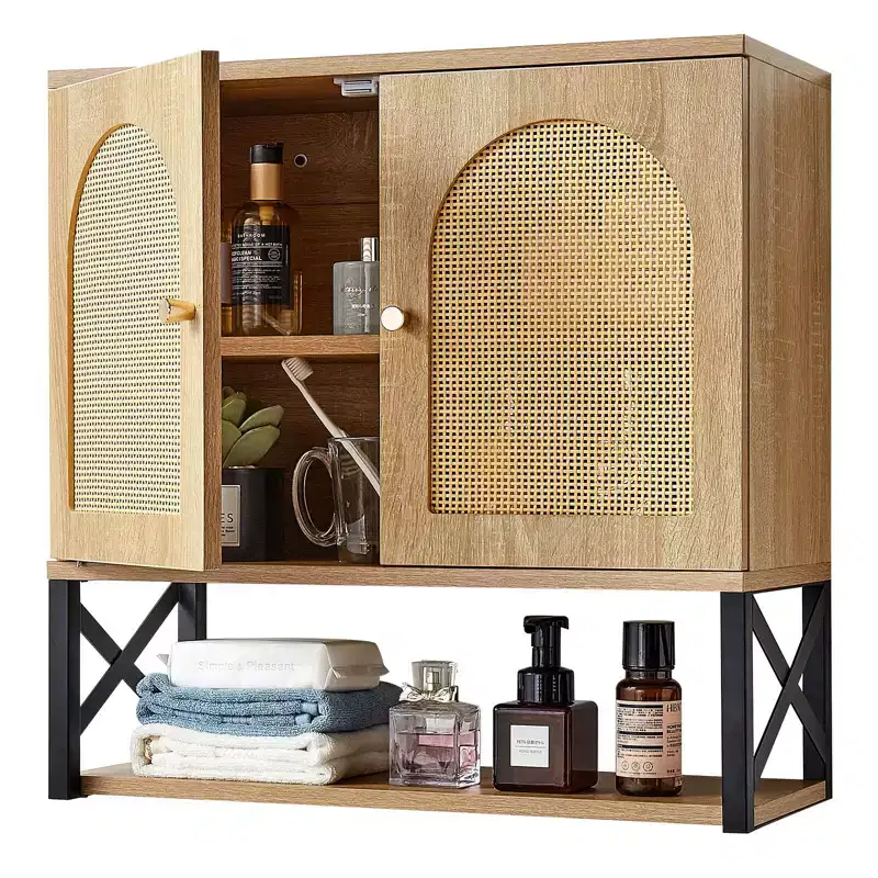 Wall Mounted Bathroom Storage Cabinet with 2 Doors Adjustable Shelf and Open Compartment White