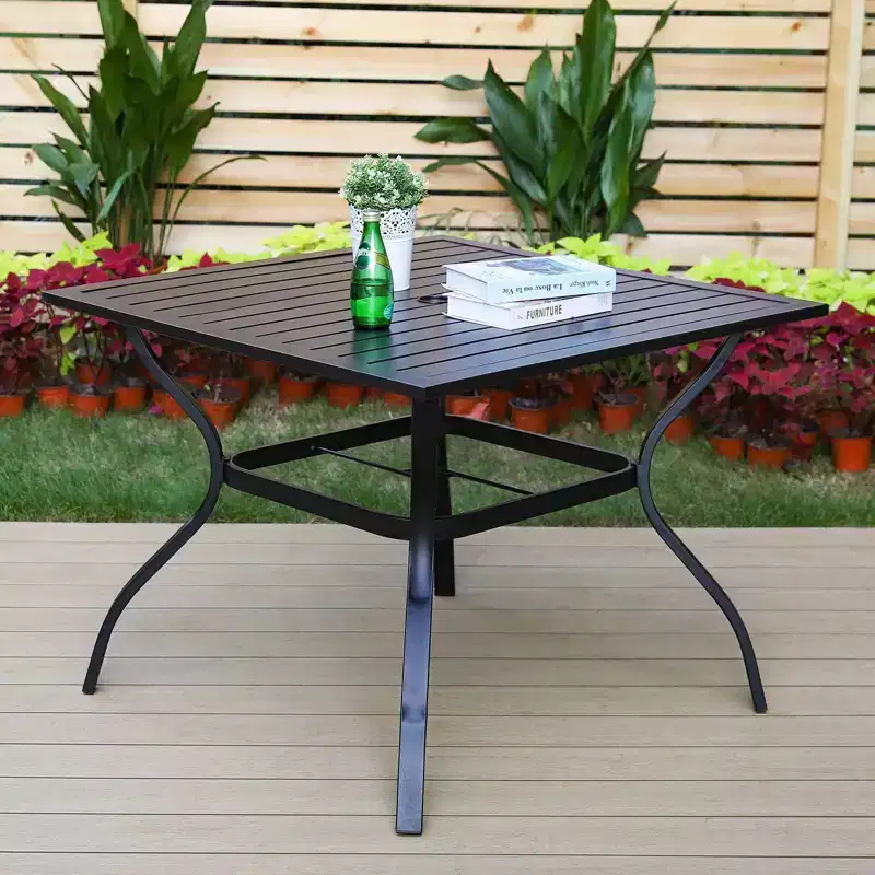 5pc Metal Indoor/Outdoor 37" Square Striped Dining Table with Arm Chairs & 1.57" Umbrella Hole - Captiva Designs