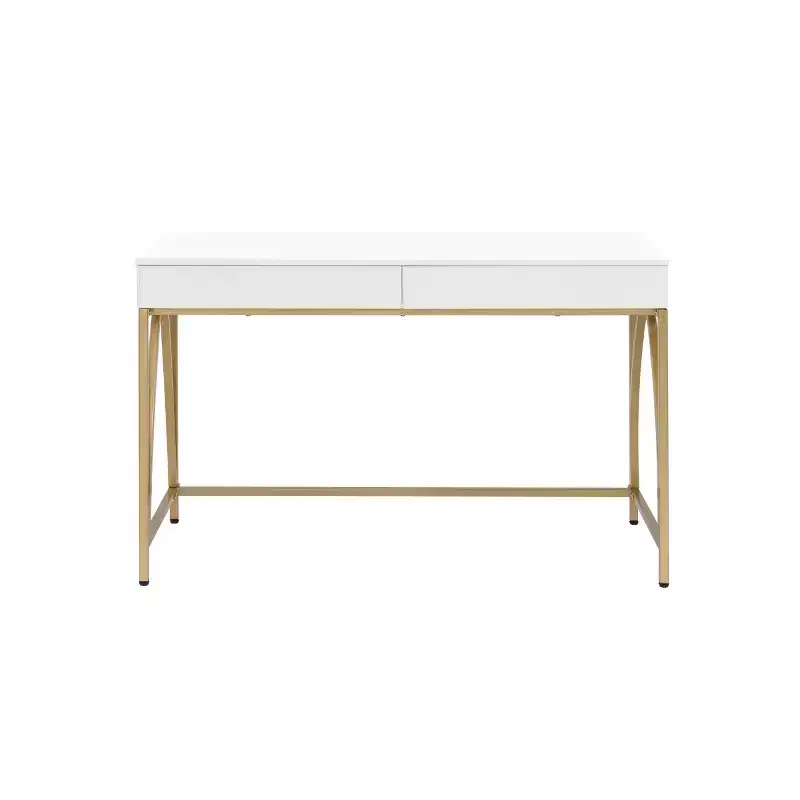 Light Mane Desk White High Gloss/Gold - Acme Furniture: 31" H, 2 Drawers, Metal Frame, 47" W