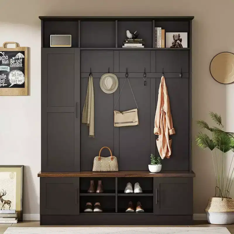 55W 3-in-1 Hall Tree with 6 Hooks, Coat Rack and Walnut Entryway Storage Bench with Adjustable Shelves