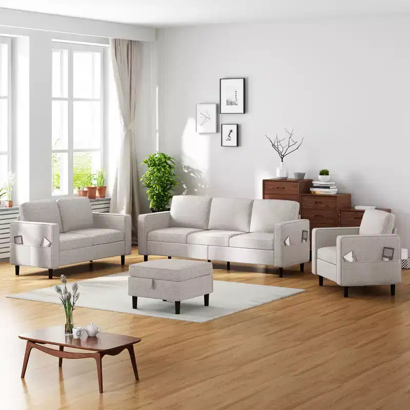 Mjkone 78 Linen Sectional Couches Set , 3-Seater Sofa with Storage Ottoman and Loveset Sofa and Armchair