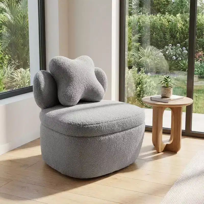 Heart Backrest Swivel Chair, 360 Degree Rotating Teddy Velvet Lounge Sofa with Storage for Living Room
