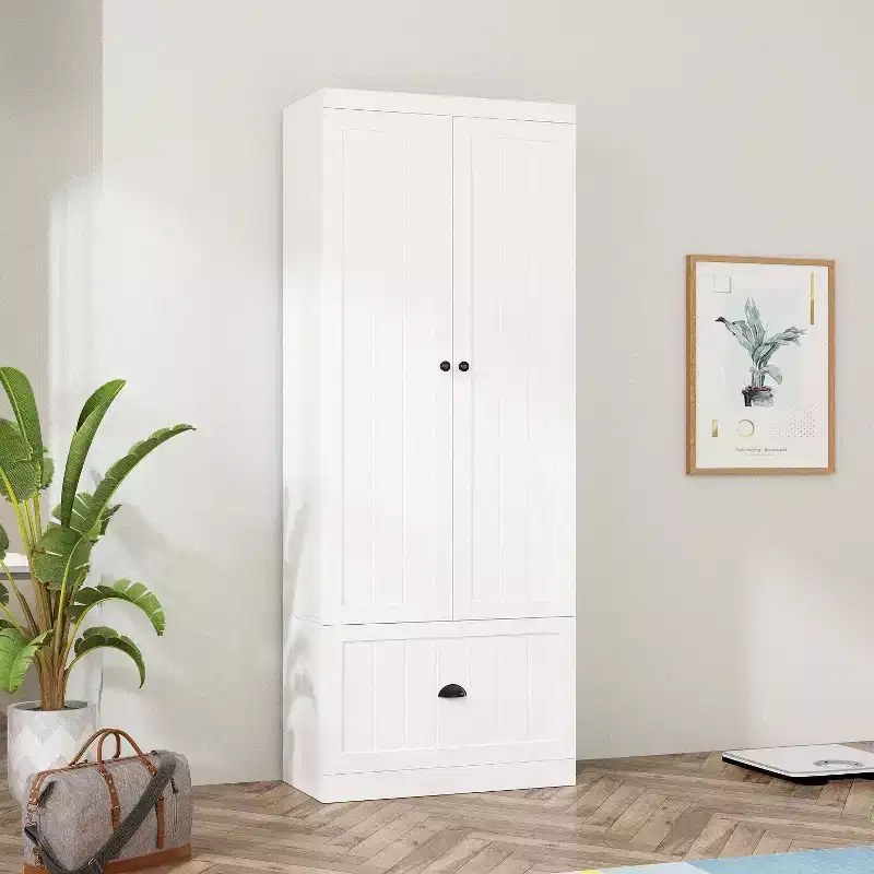 White Wardrobe Armoire with Double Doors, Single Drawer, and 4 Levels of Storage