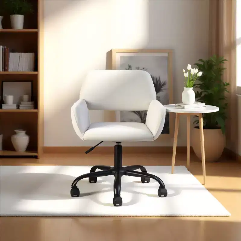 Home Office Chair, Fabric Upholstered Vanity Chair with Rolling Wheels, Adjustable Mid Back for Living Room, White