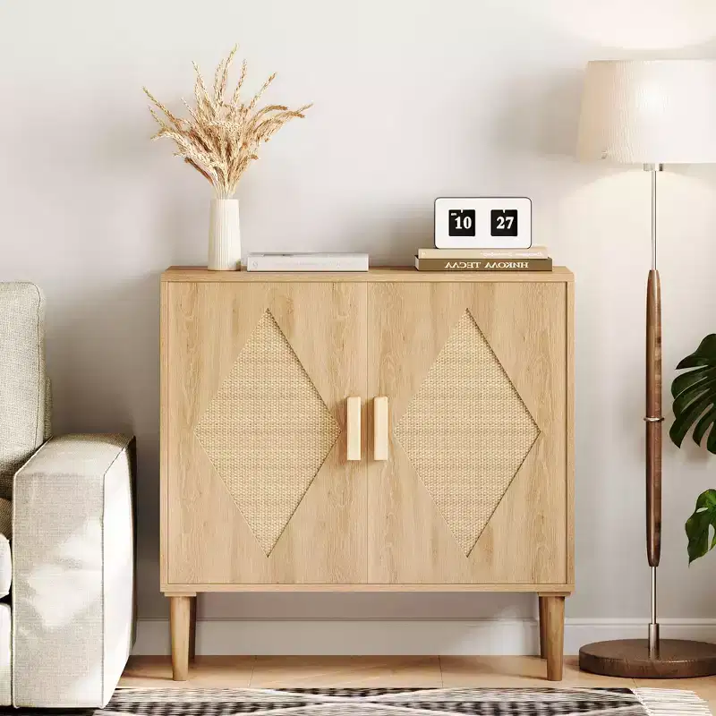 Rattan Sideboard with Double Doors, Bohemian Storage Cabinet with Drawers for Dining Room and Living Room