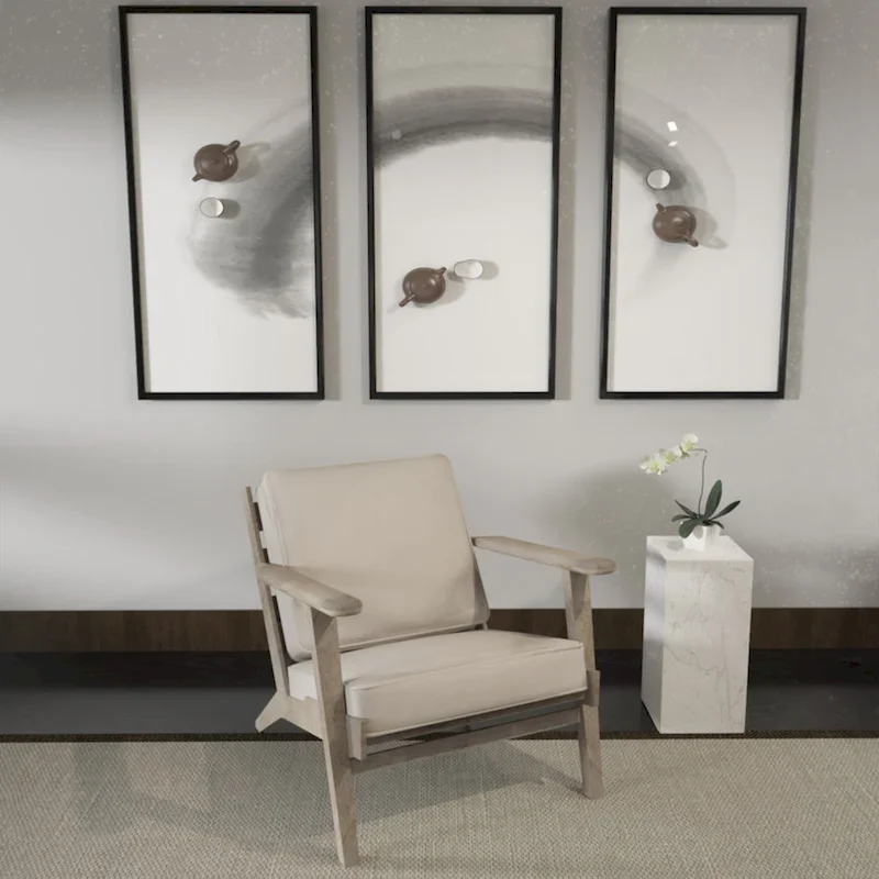 Amber Accent Chair, Handcrafted Slatted Mango Wood, Buffalo Leather Cushions, Angled Legs