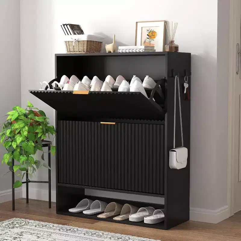 31.5'' Fluted Shoe Cabinet with 2 Flip-Down Drawers & Side Hooks, Adjustable Narrow Entryway Storage Organizer with Bottom Open Shelf