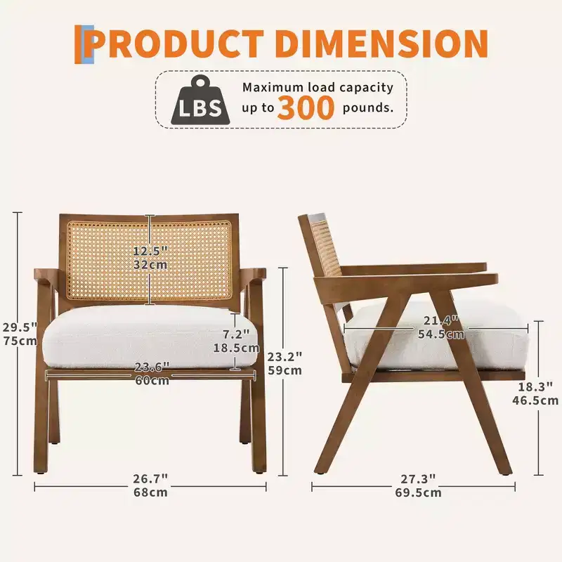 Mid-Century Farmhouse Accent Chair - Wood Armchair with Rattan Backrest & Linen Cushion for Living Room, Bedroom - Easy Assembly