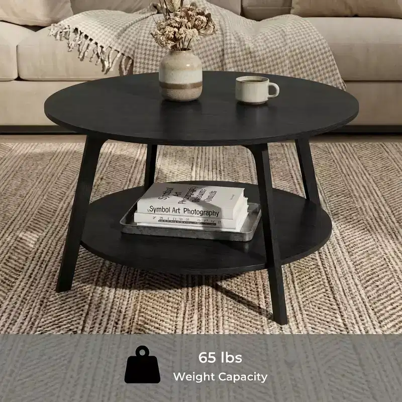 Honey Brown Round Coffee Table with 2 Tiers of Storage, Measuring 31.5 x 17.7 Inches, Ideal for the Living Room