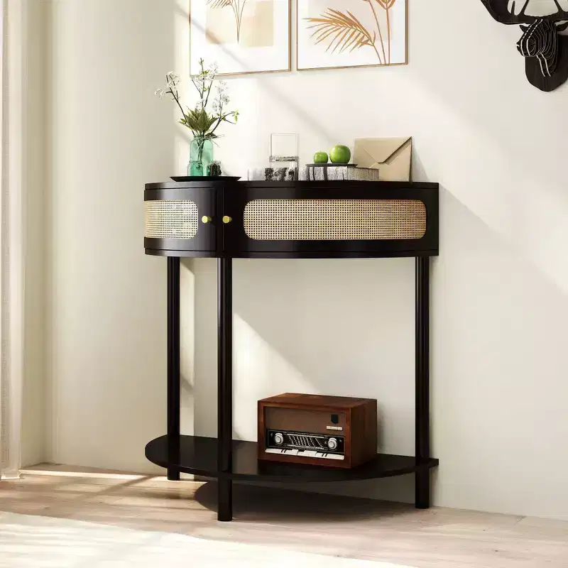 Elegant Semi-Circle End Table with 2 Rattan Cabinets and Bottom Shelf for Living Room, Bedroom & Hallway