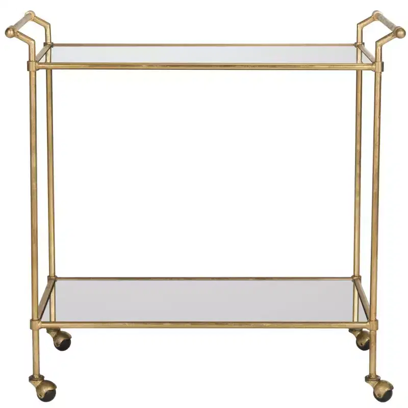 Gold Mirrored Bar Serving Cart, 2 Shelves, Iron Frame with Casters, 31