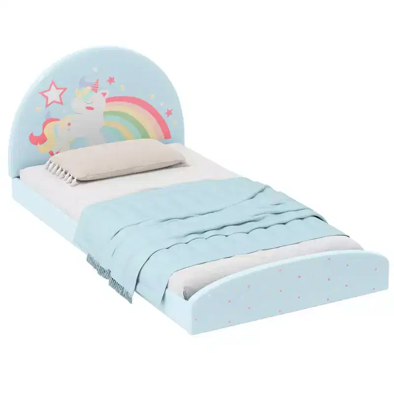 Twin Floor Bed Frame with Oxford Cloth Mat - Toddler, Purple/Blue