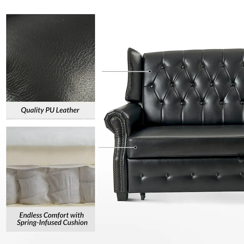 Ruedi Transitional 73.6 Vegan Leather Sofa Bed with Tufted Back and Nailhead by HULALA HOME