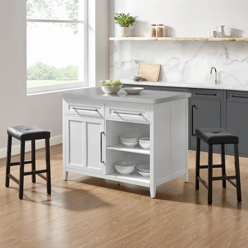 Crosley Silvia Stainless Steel Top Island W/Uph Saddle Stools - 47d x 46w x 36.5h
