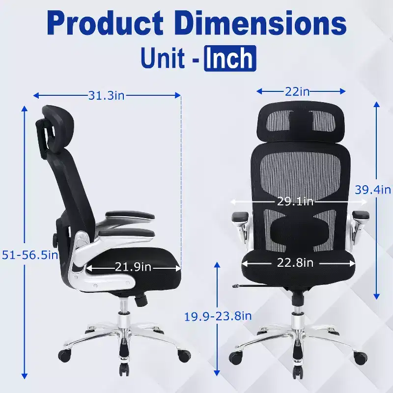FDW Big and Tall Office Chair Home Office Chair & Sofa Desk Chair with Lumbar Support Flip UP Arms Headrest High Back Ergonomic Mesh Chair, Black
