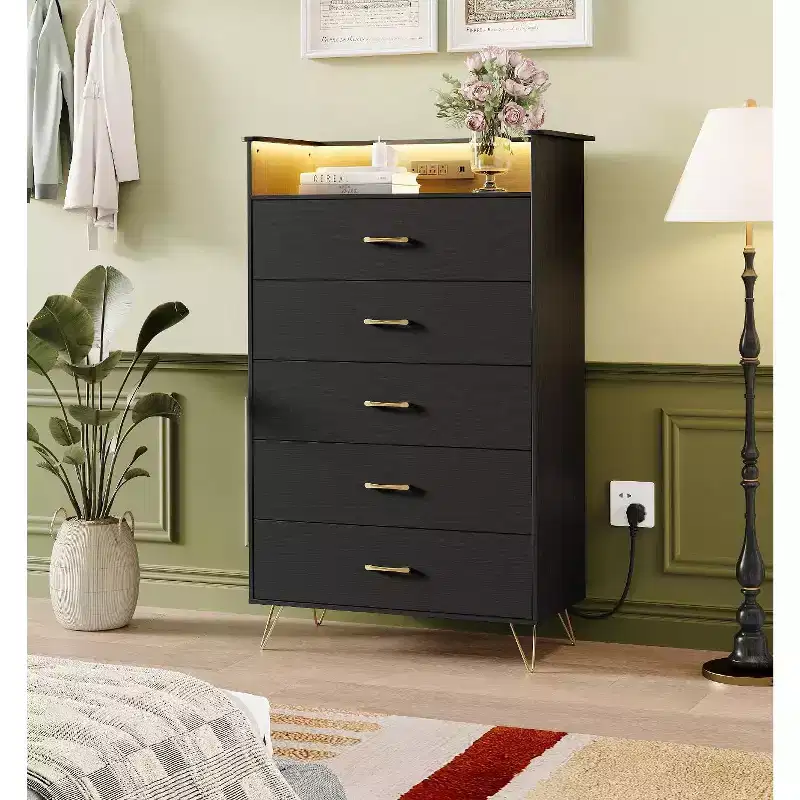 5 Drawer Dressers for Bedroom, 53 Tall Wooden Chest of Drawers with Lights & Charging Station, Dresser Storage Cabinet for Living Room Closet