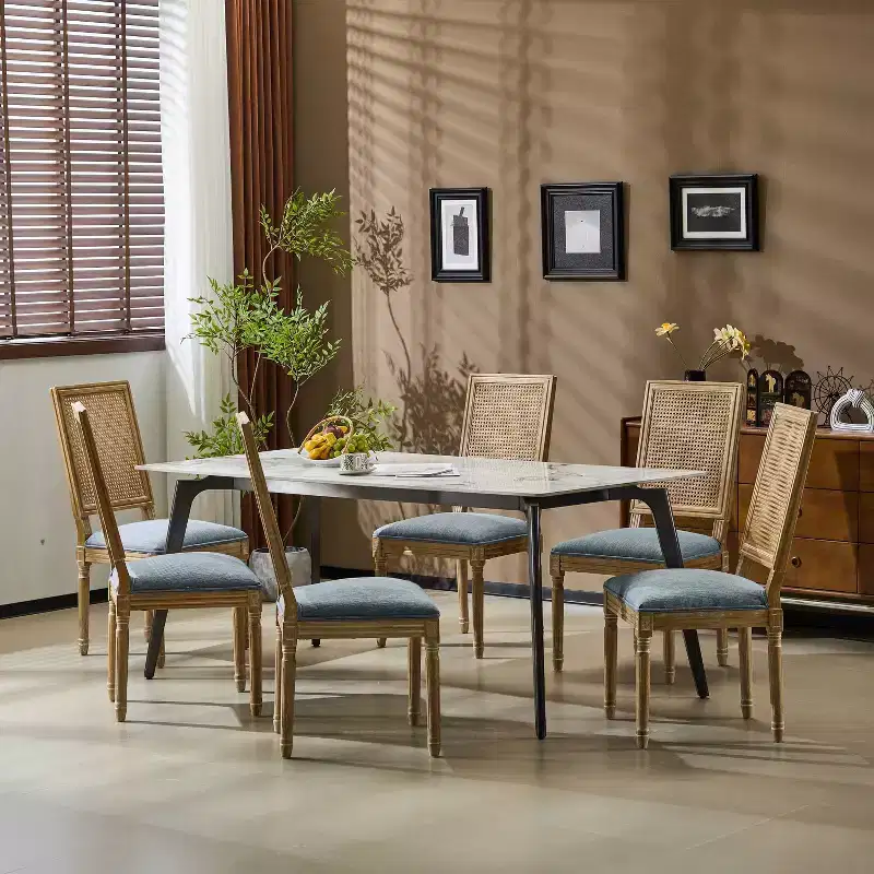 Christopher Knight Home Set of 6 Brielle French Country Wood and Cane Upholstered Dining Chairs Slate Blue