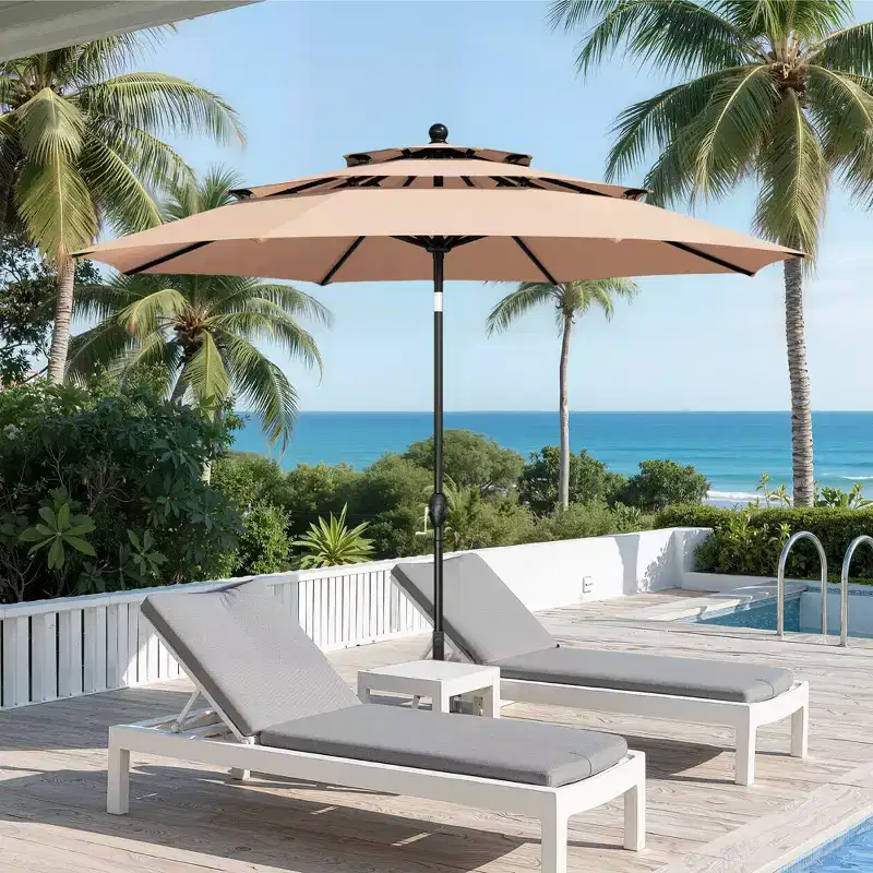 Captiva Designs 6pc Patio Slat-top Square Table & Textilene Reclining Foldable Chairs & Market Umbrella
