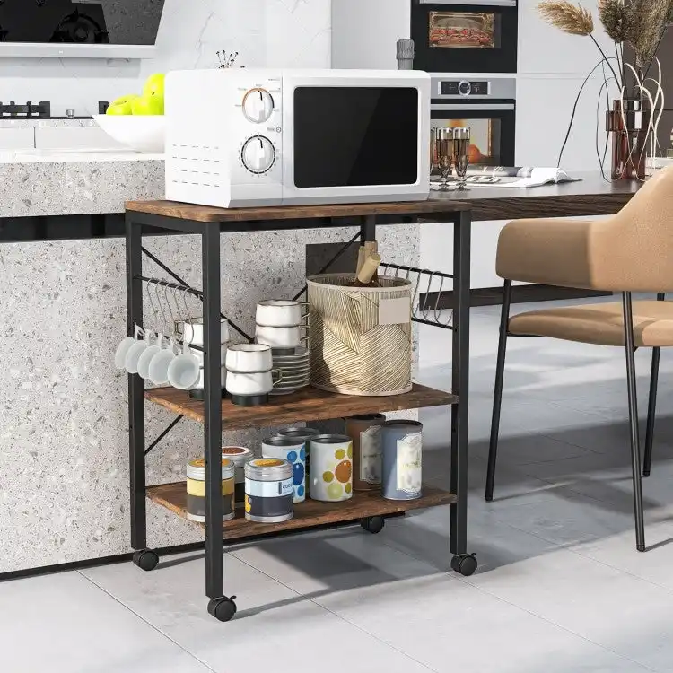 3-Tier Kitchen Baker's Rack Microwave Oven Storage Cart with Hooks - 23.5 x 16 x 29 (L x W x H)