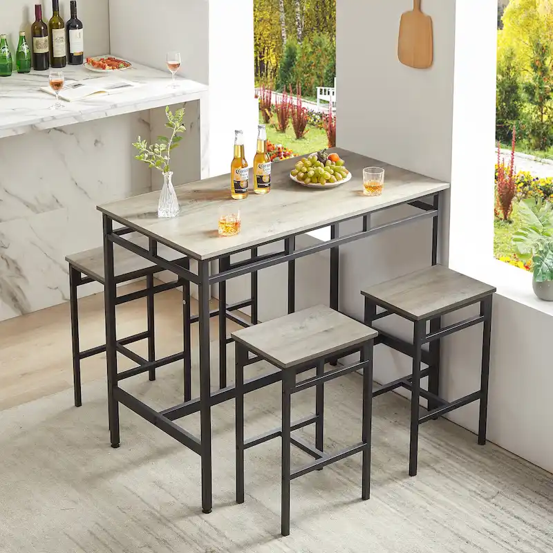 Rustic Style 5-Piece Dining Set with Rectangular Table and 4 High Stools Dining Chairs